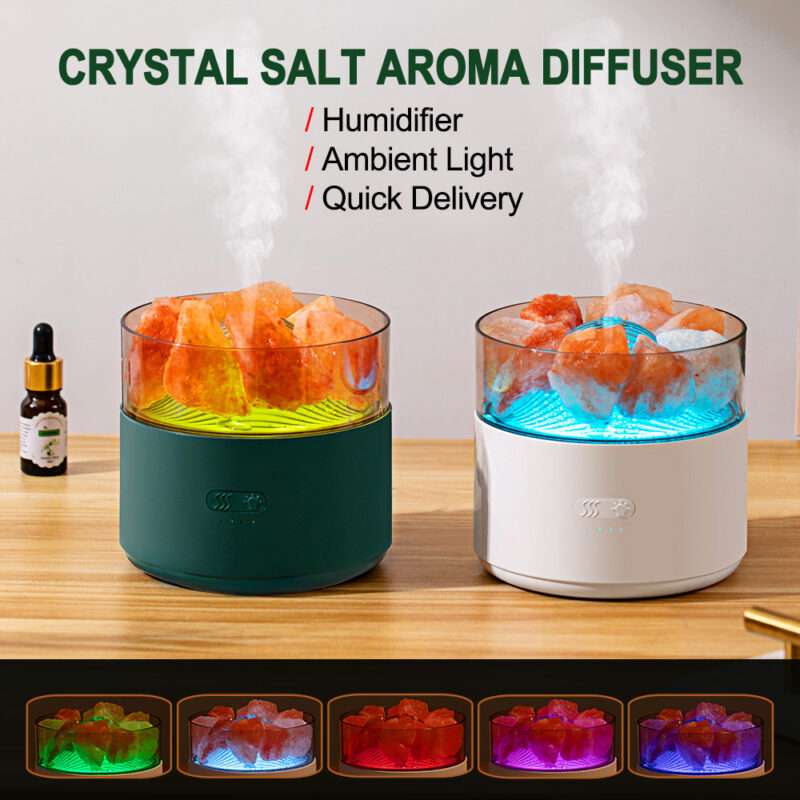 Humidificateur d'air à impulsion Cool-Mist avec diffuseur d'arôme à sel de cristal, machine à encens, brumisateur, lampe à huile essentielle et lumière ambiante