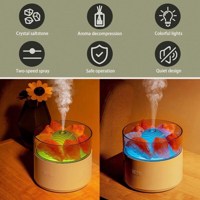 Humidificateur d'air à impulsion Cool-Mist avec diffuseur d'arôme à sel de cristal, machine à encens, brumisateur, lampe à huile essentielle et lumière ambiante – Image 10